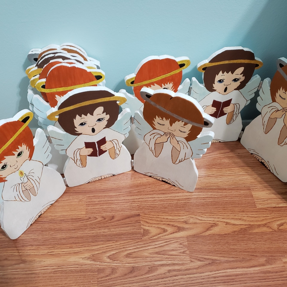 Set of Wooden Angel Decorations